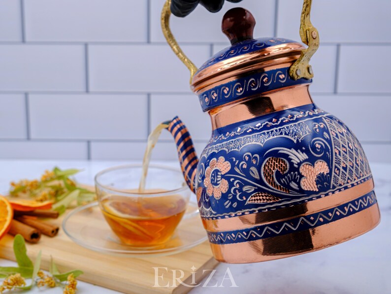 Lilac Engraved Copper Tea Kettle | Handmade 1.3L Teapot | Pastel Turkish Copper Decor image 13