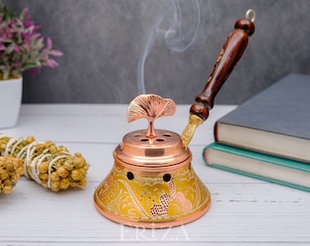 Gold Copper Incense Burner, Engraved Holder with Lid