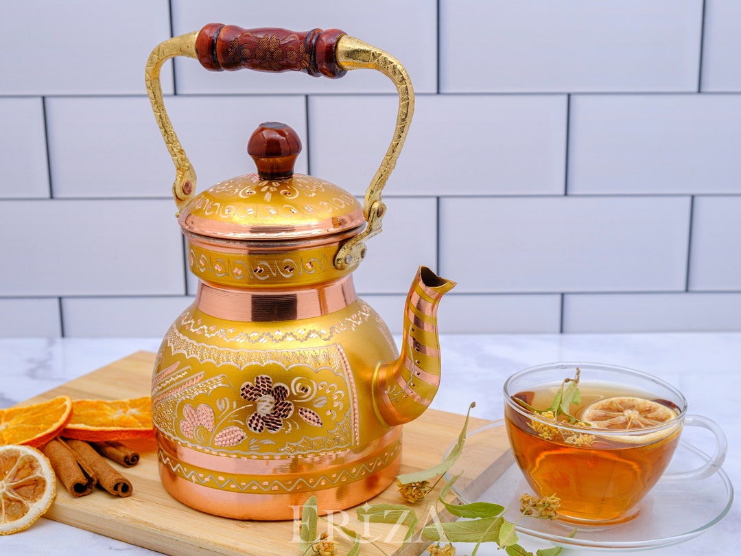 Gold Engraved Copper Tea Kettle | Handmade 1.3L Teapot | Luxury Turkish ...