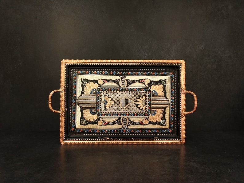 Solid Copper Serving Tray With Handles Special Erzincan