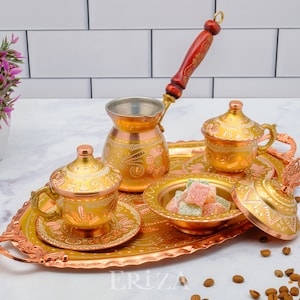 Turkish Copper Coffee Serving Set With Coffee Pot 2 or 6 Person