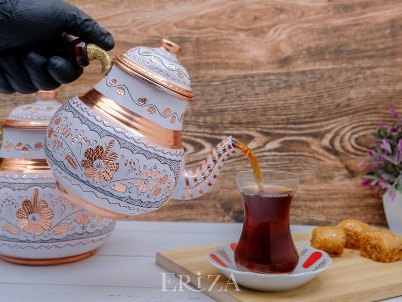 Tetera doble de cobre negro: Tetera turca grabada hecha a mano (2850 ml) imagen 12