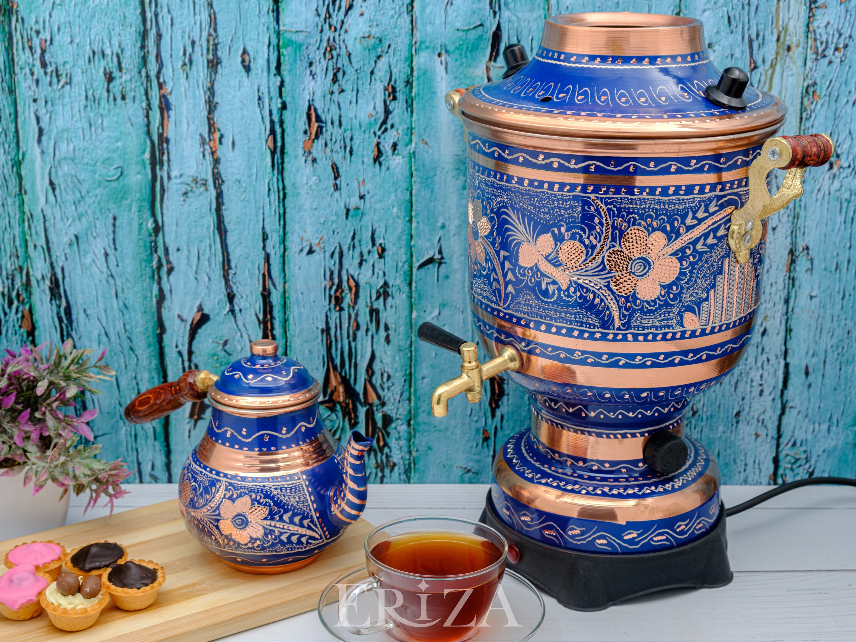 【未使用級✨】SANYO キャメル100% PIACENZA ダブルチェスター Large Lilac Copper Electric Samovar 5L With 1L Teapot, Tin-lined