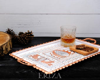Engraved Copper Serving Tray With Handles, 39 CM