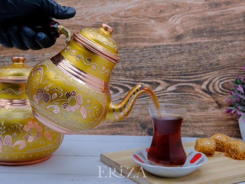 Tetera doble de cobre negro: Tetera turca grabada hecha a mano (2850 ml) imagen 11