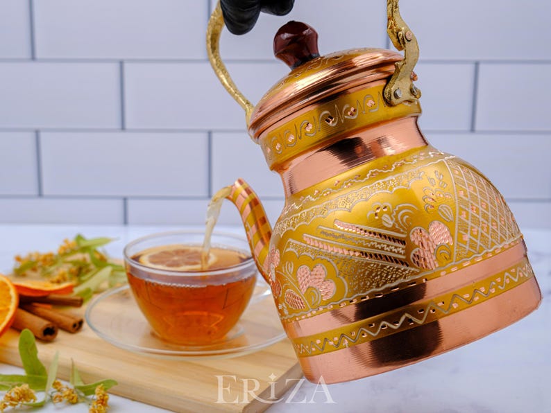 Lilac Engraved Copper Tea Kettle | Handmade 1.3L Teapot | Pastel Turkish Copper Decor image 11
