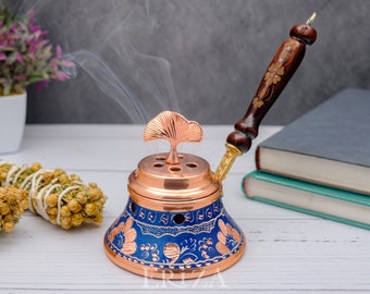 Blue Copper Incense Burner, Engraved Holder with Lid