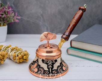 Black Copper Incense Burner, Engraved Holder with Lid