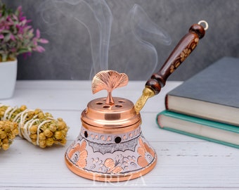 White Copper Incense Burner, Engraved Holder with Lid