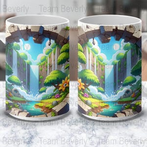 Cartoon Wasserfall Becher, Malerische Natur Becher, Wunderliche Kaffeetasse, Fantasy Landschaft Becher, Bunte Creek Becher, niedliche illustrierte Becher