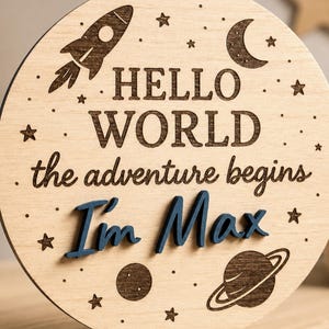 Disco personalizado con el nombre del bebé, anuncio de nacimiento "Hola Mundo", accesorio para fotos de recién nacidos, decoración espacial para la habitación del bebé, regalo para baby shower, revelación de fecha en el hospital.