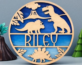 Dinosaur Name Sign for Kids Bedroom Door or Nursery Wall Decor – Personalised Wooden Dino Room Sign