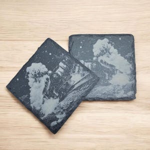 Personalised Steam Train Slate Coasters – Custom Engraved Vintage Railway Gift, Rustic Decor for Him, Set of 2 Handmade Engine Coasters