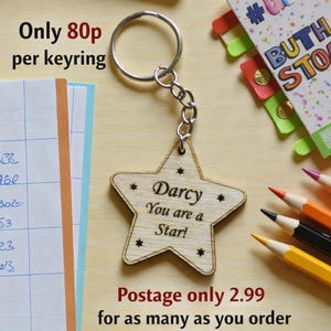 Personalised Wooden Keyring – Custom Keychain Quote Engraved Gift for Kids, Pupils, Teachers – Star Of The Week Name Award – Custom Shapes