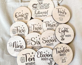 Safari Baby Milestone Discs - Wooden Monthly Milestone Cards - Hello World Newborn Photo Prop