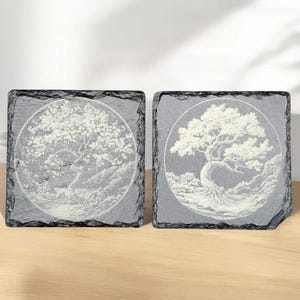 Tree of Life Slate Coasters – Rustic Natural Stone Drink Mats – Laser Engraved Zen Decor – Nature Gift Set for Home & Spirit