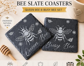 Personalised Bee Slate Coasters - Engraved Slate Coaster Set - Bee Lover Gift - Rustic Drink Mats - Housewarming Gift - Kitchen Decor