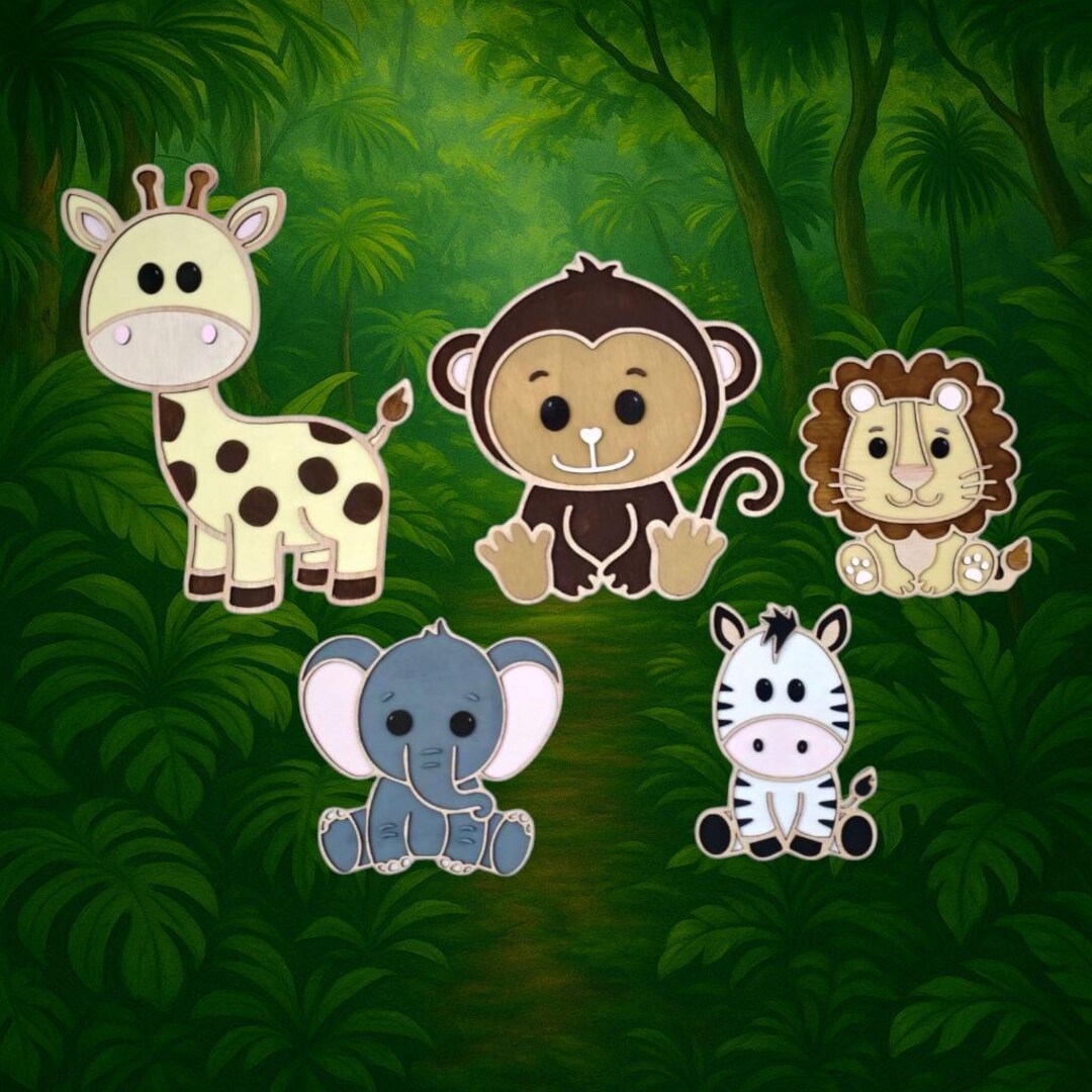 Safari Animal Wall Decor - Wooden Jungle Animals Set - Giraffe Lion ...