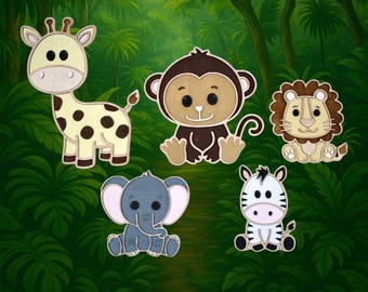 Safari Animal Wall Decor - Wooden Jungle Animals Set - Giraffe Lion Monkey Zebra Elephant - Room Safari Theme Gift - Christmas Gift