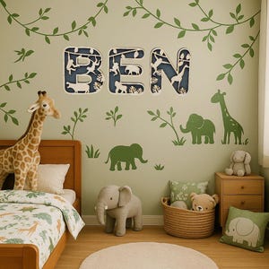 Jungle Animal Name Sign | Personalised Safari Wall Letters | Custom Nursery Door Plaque | Jungle Themed Kids Room Decor | Baby Name Gift