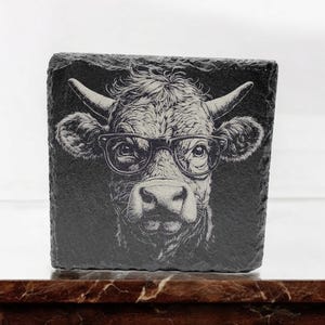 Highland Cow Slate Coaster- Laser Engraved Farmhouse Gift | Funny Rustic Animal Drinks Mat | Personalised Cattle Decor | DayAwayCrafting