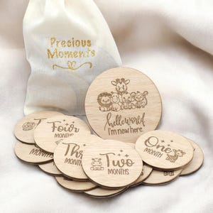 Ensemble de disques pour bébé animal de safari - Accessoires photo mensuels en bois - Cadeau pour nouveau-né Hello World - Cadeau souvenir pour chambre de bébé dans la jungle