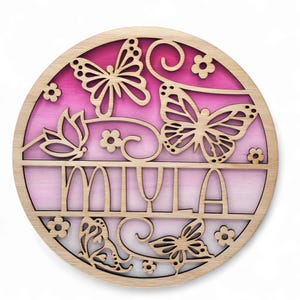Personalised Butterfly Name Sign for Girls Room – Custom Laser Cut Wooden Wall Plaque, Nursery Decor, Baby Gift, Hand Painted Backdrop