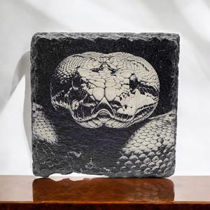 May include: Square black slate coaster with a detailed grayscale image of a snake's head. The snake's scales and facial features are intricately depicted, creating a striking contrast against the dark background. The coaster has a rough, textured edge.