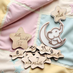Personalised Baby Milestone Discs – 3D Wooden Elephant & Moon Photo Props Gift