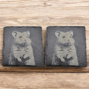 May include: Two square, black slate coasters with a detailed etched image of a hamster. The hamster is depicted in a standing pose, with its paws visible. The coasters are set on a wooden surface.