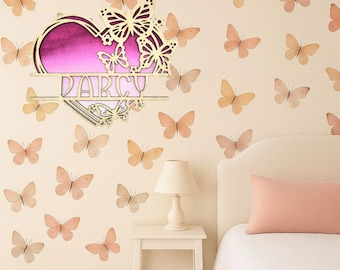 Personalised Wooden Butterfly Name Sign – Custom Heart Wall Plaque for Girls Bedroom or Nursery – Kids Door Art – Christmas Gift
