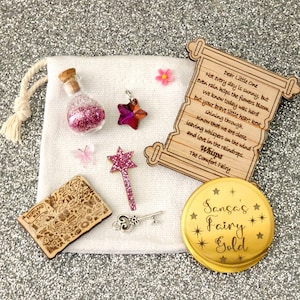 Personalised Fairy Gift Bag Pink Set – Tooth Fairy Kit, Fairy Dust, Map & Note – Custom Keepsake for Kids – Trinkets Shiny Gold Coin