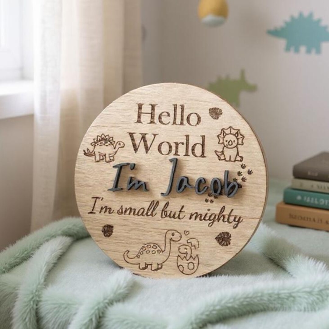 Dinosaur Baby Name Sign – Personalised 3D Hello World Disc – Newborn ...