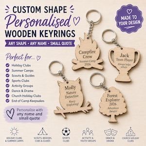 Personalised Wooden Keyrings, Custom Shape Keyrings, Holiday Club Gifts, Sports Club Gifts, Scouts & Guides Awards, Club Keepsakes