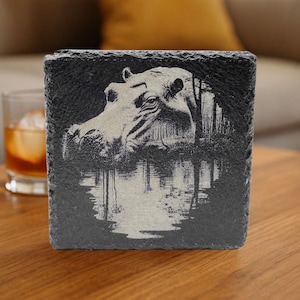 Hippo River Reflection Slate Coaster - Laser Etched Rustic Animal Drink Mat - Natural Square Slate Gift for Wildlife Lover