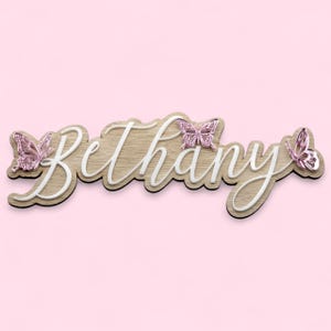 3D Butterfly Name Sign - Personalised Wooden and Acrylic Kids Wall Plaque - Pink Rose Gold & Mixed Colour Choice - Childrens Room Decor