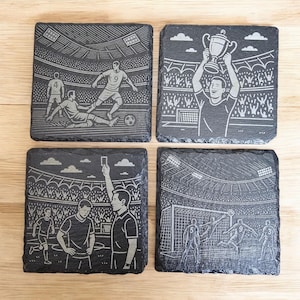 Football Slate Coaster Set – Set of 4 Laser Engraved Rustic Coasters – Soccer Gift for Him – Man Cave Decor – Trophy & Match Moments