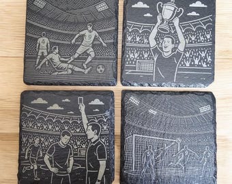 Ensemble de 4 sous-bocks football en ardoise - cadeau de football gravé au laser - décoration homme des cavernes - cadeau de fan de foot
