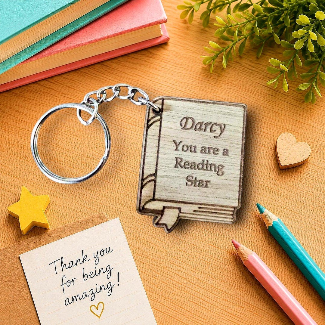 Book Keyring Personalised Wooden Book Keyring - Reading Reward Gift for Pupils ...