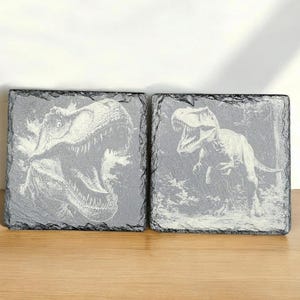 Personalised T-Rex Coaster Set Dinosaur Slate Gift for Him Natural Stone Laser Engraved Jurassic Decor Pair