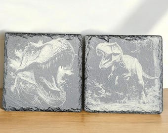 Personalised T-Rex Slate Coaster Set – Jurassic Dinosaur Gift for Him – Rustic Natural Stone Decor – Christmas Gift