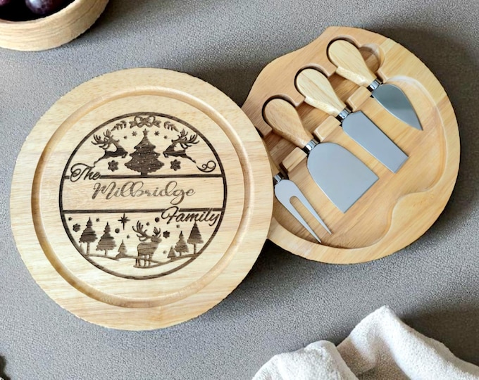 Personalised Engraved Cheese Board Set With Utensils – Rotating Drawer – 7 Designs or Custom Quote – Wooden Charcuterie Gift 8.5"