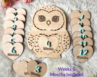 Tarjetas de madera con hitos de bebé en forma de búho, recuerdo fotográfico semanal y mensual
