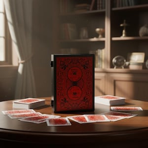Puede incluir: Un estuche negro para naipes con un diseño rojo y negro, con una baraja de cartas y cartas dispersas sobre una mesa de madera. Las cartas tienen un diseño rojo en el dorso.