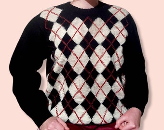 Support Ukraine! Handmade vintage y2k rhombus print argyle wool black/red/beige pullover knit grandpa sweater jumper