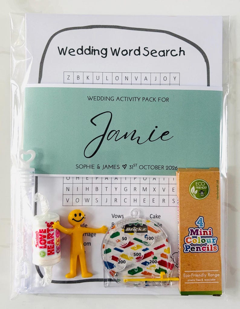 Personalised Pre Filled Wedding Activity Pack Book For Kids | Wedding Favour Gift | Wedding Table Games | Kids Activity | Colouring Pages A5 image 2
