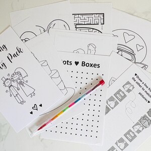 May include: A set of printable wedding activity pages, including a connect the dots, a maze, a coloring page, and a matching game. The pages are black and white and feature wedding-themed illustrations.