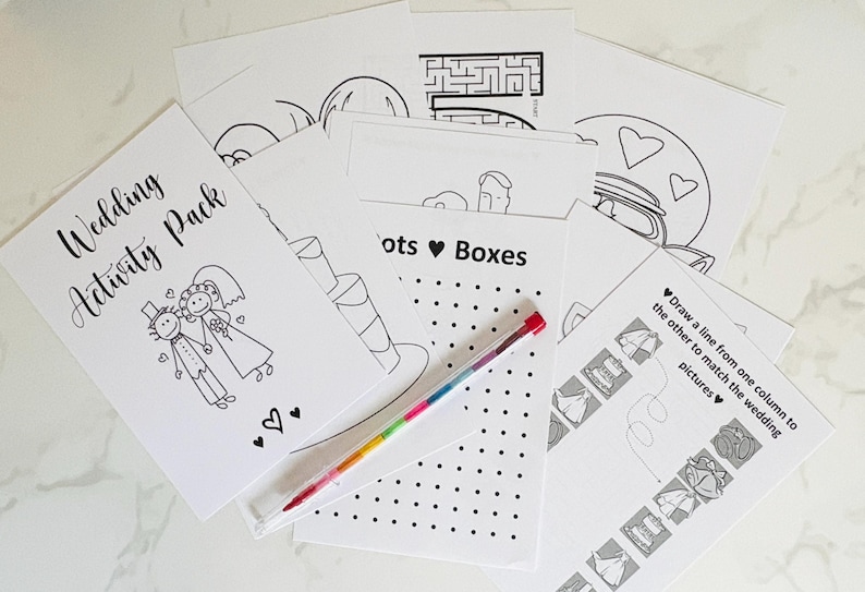 May include: A set of printable wedding activity pages, including a connect the dots, a maze, a coloring page, and a matching game. The pages are black and white and feature wedding-themed illustrations.
