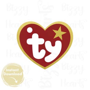 May include: A red heart-shaped logo with a gold border and a gold star. The white letters "ty" are in the center. The words "Instant Download" are in a gold circle in the lower left corner.
