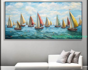 Large Sailboat Party art On Canvas Colorful Sailboats & Harbor Painting Nautical Landscape artwork Summer l325